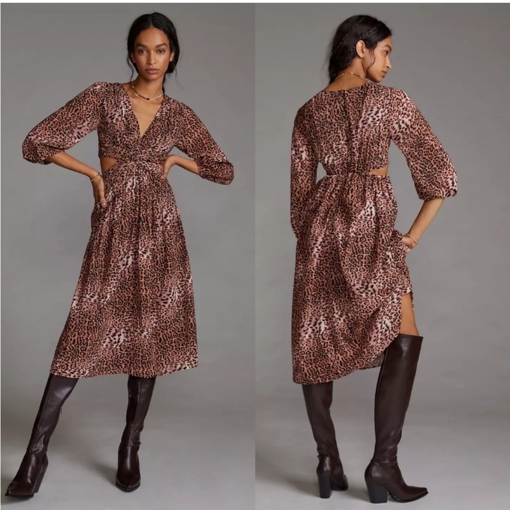 NWT Anthropologie Ranna Gill Size XXS Midi 3/4 Sleeve Animal Dress Cut Out $190